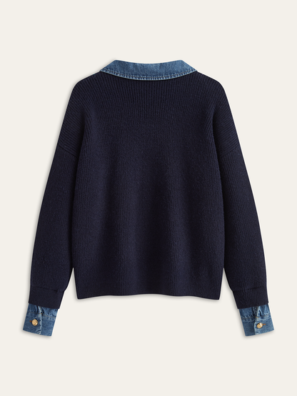 Denim Panel Asymmetric V-Neck Knit Top