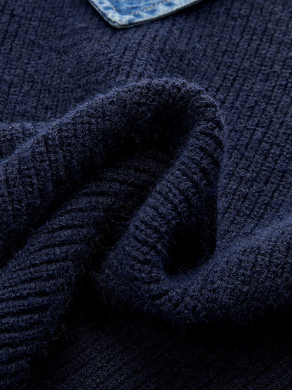 Denim Panel Asymmetric V-Neck Knit Top