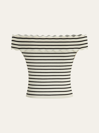 Striped Off-Shoulder Metal Button Knit Top
