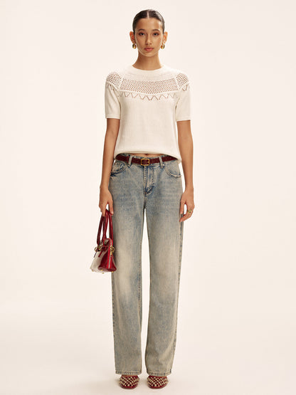 Short-Sleeve Eyelet Knit Sweater
