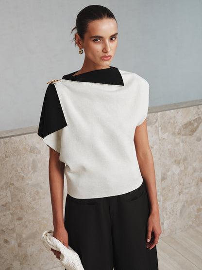 Asymmetric Color-Block Knit Top