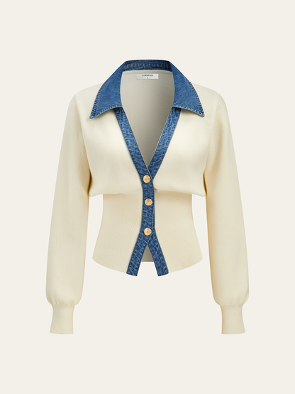 Denim Collar Metal Button V-Neck Knit Top