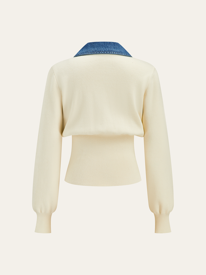 Denim Collar Metal Button V-Neck Knit Top