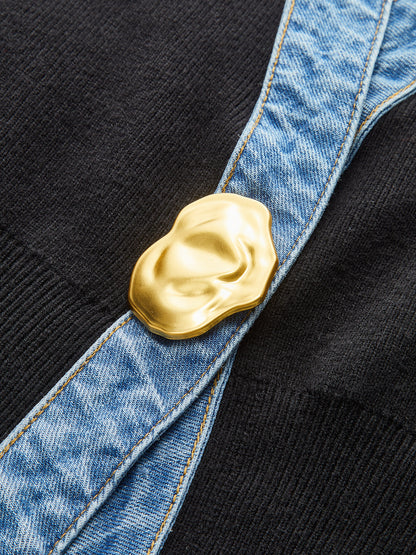 Denim Trim Metal Button Cardigan