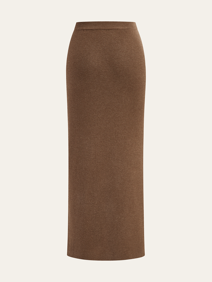 Ruched Side Button Wool Blend Sweater Skirt