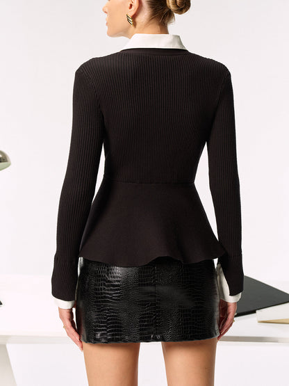 2 in 1 Shirt Panel Ribbed Peplum Cardigan