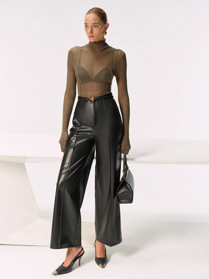 Wool Blend Fitted Sheer Turtleneck Knit Top
