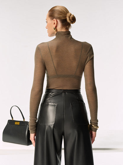 Wool Blend Fitted Sheer Turtleneck Knit Top
