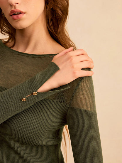 Sheer-Paneled Boat Neck Knit Top