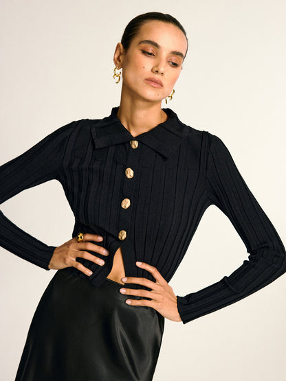 Metal Button Fitted Collared Knit Top