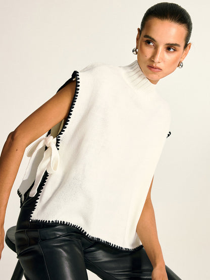 Contrast Trim Side Bow Mock Neck Sweater Vest
