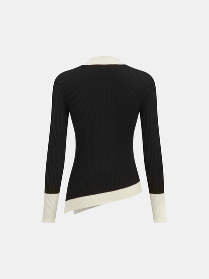 Color-Block Asymmetric Hem Ribbed Knit Top