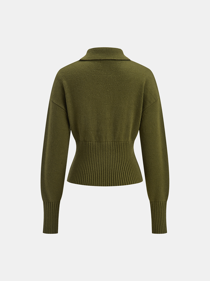 Ribbed Wool Blend Polo Knit Top