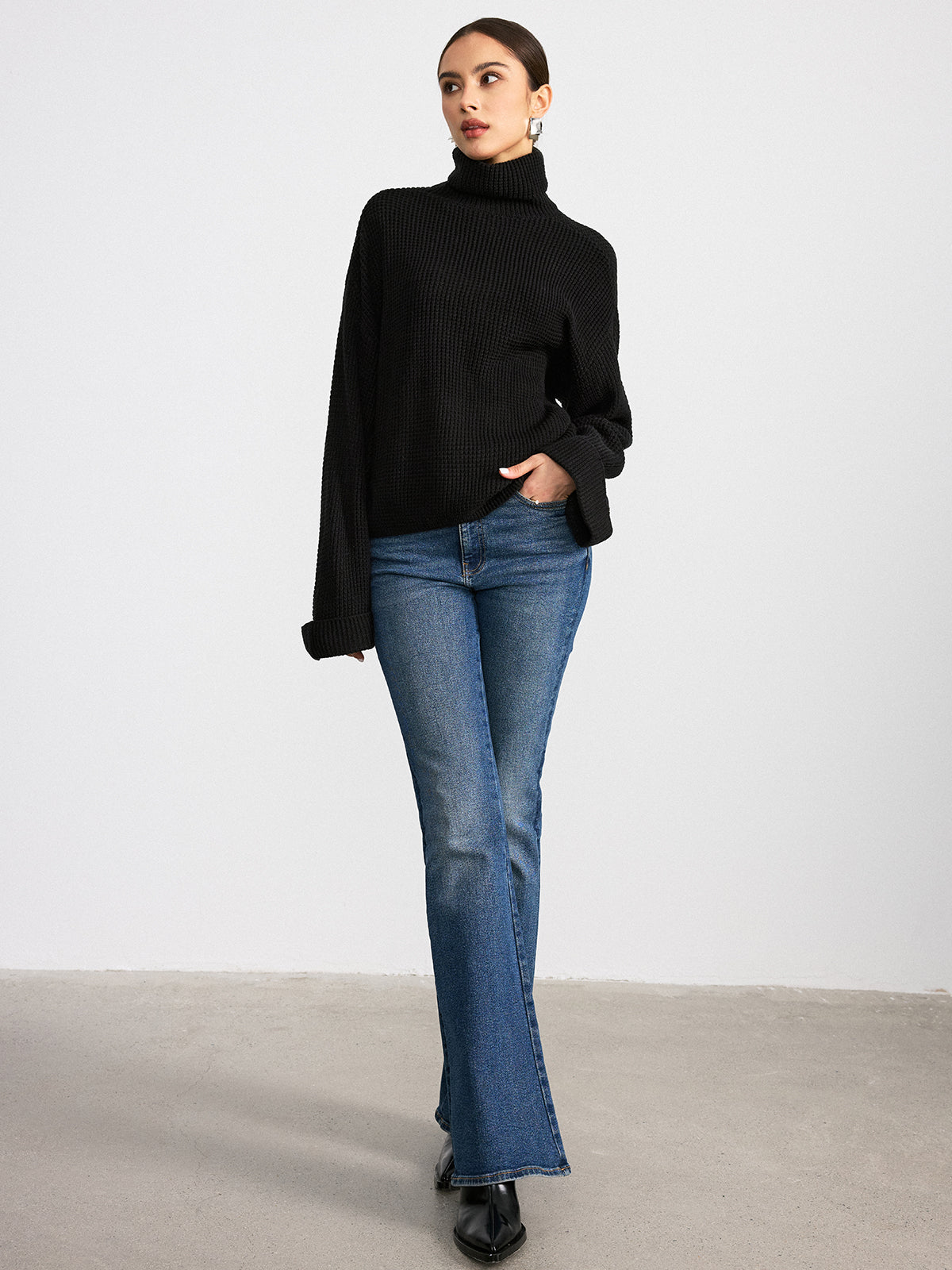 Turtleneck Waffle-Knit Long Sleeve Sweater