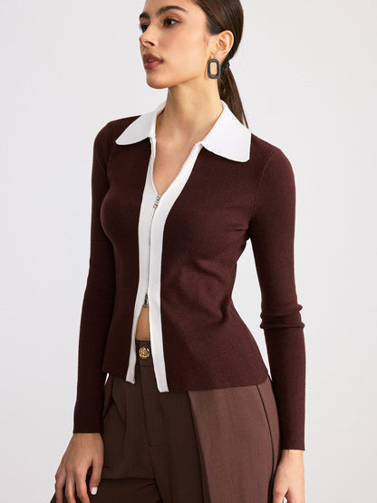 Contrast Collar Wool Blend Zip-Up Cardigan