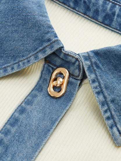 Wool Blend Denim Collar Metal Button Cardigan