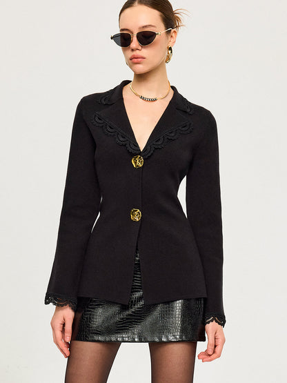 Wool Blend Lace Trim Metal Button Cardigan