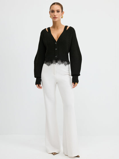 Lace Hem Wool Blend Cardigan