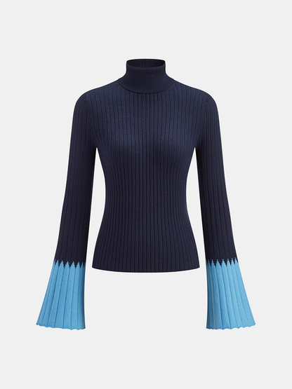 Contrast Flared Cuff Turtleneck Sweater