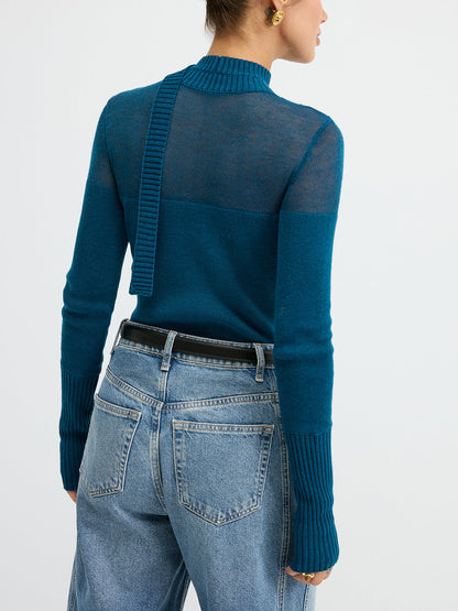 Sheer Panel Tie Neck Wool Blend Knit Top