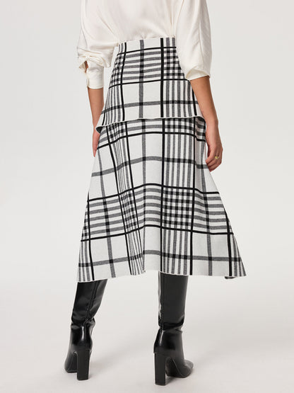 Plaid Wool Blend Midi Skirt with Apron Belt