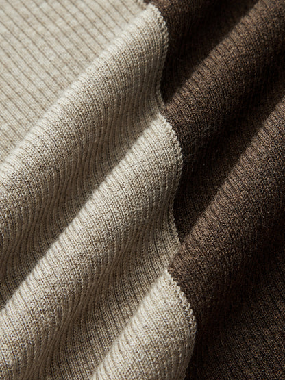 Two-Tone Turtleneck Ribbed Knit Top