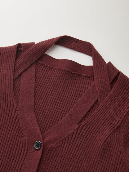 Halter Neck Button Front Ribbed Sweater