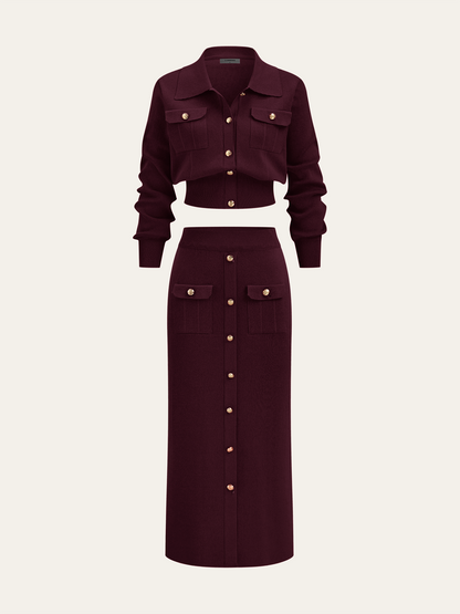 Metal Button Collared Cardigan and Midi Skirt Set