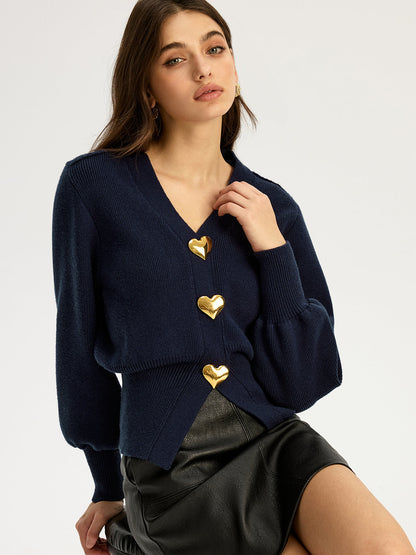 Heart Metal Detail V-Neck Sweater