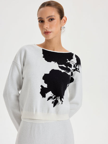 Ink-Wash Painting Pattern Round Neck Knit Top