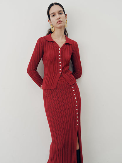 Collared Knit Top and Slit Skirt Set