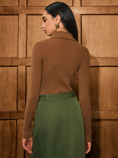 Wool Blend Collared Long Sleeve Knit Top