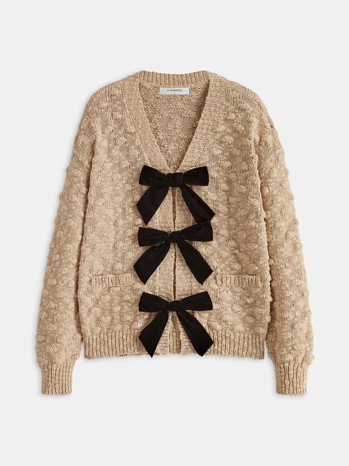 Bow Detail Textured Knit Cardigan