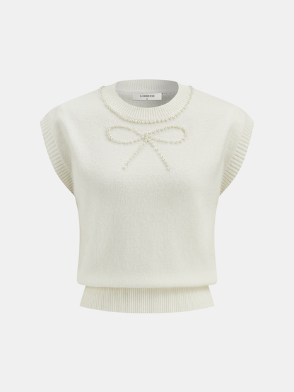 Pearl Bow Detail Cap Sleeve Knit Vest