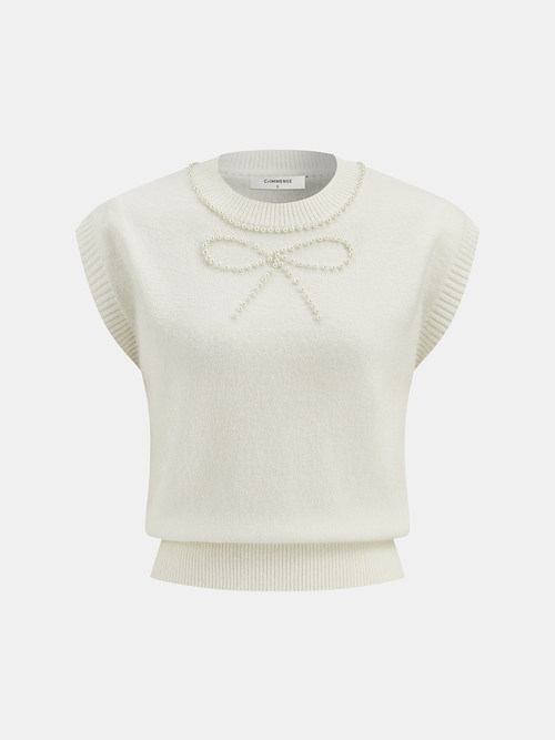 Pearl Bow Detail Cap Sleeve Knit Vest