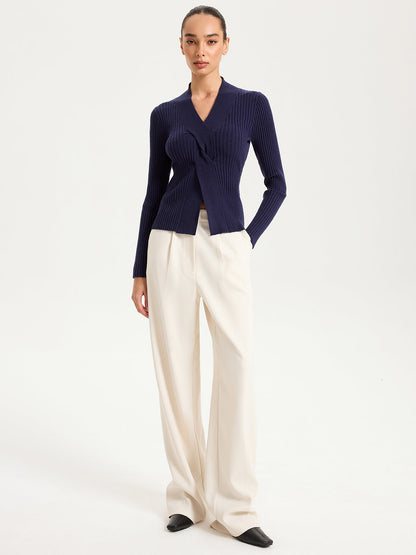 Twisted V-Neck Ribbed Knit Top
