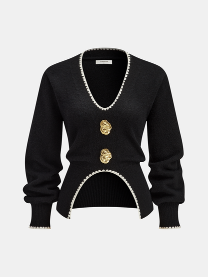 Buttoned Contrast Fringe Split Sweater