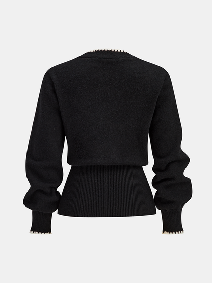 Buttoned Contrast Fringe Split Sweater