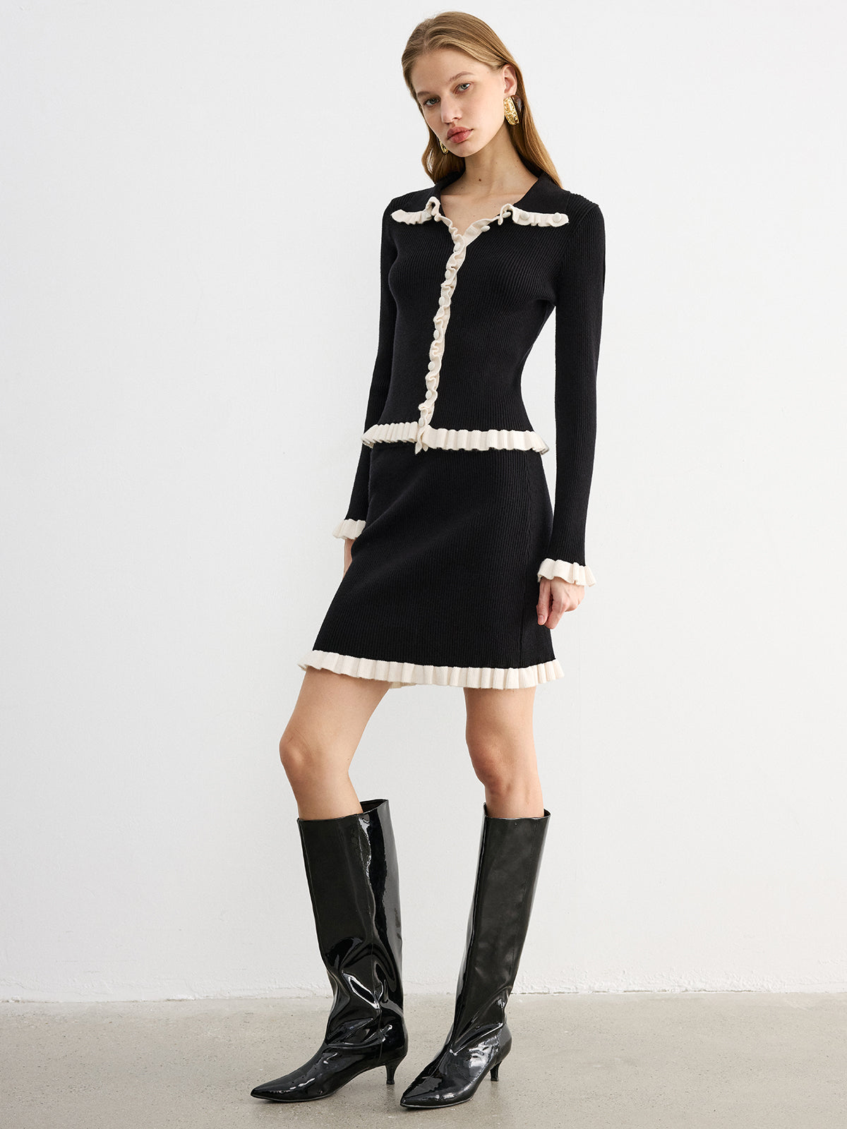 Contrast Ruffled Knit Top and Mini Skirt Set