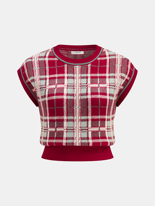 Cap Sleeve Plaid Knit Vest