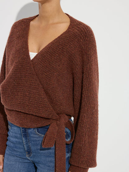 Wool Blend V-Neck Wrap Knit Top