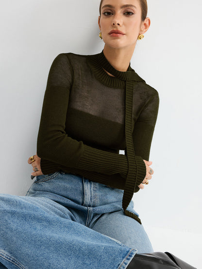 Sheer Panel Tie Neck Wool Blend Knit Top