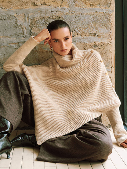 Metal Detail Turtleneck Poncho Sweater