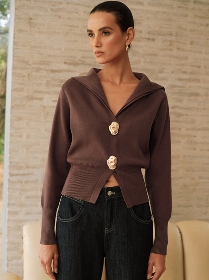 Metal Button Shawl Collar Knit Top
