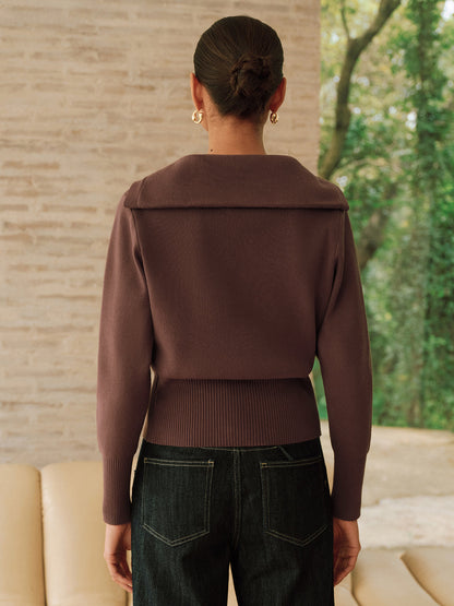 Metal Button Shawl Collar Knit Top