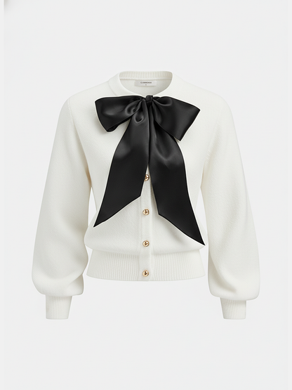Bow Detail Metal Button Knit Cardigan