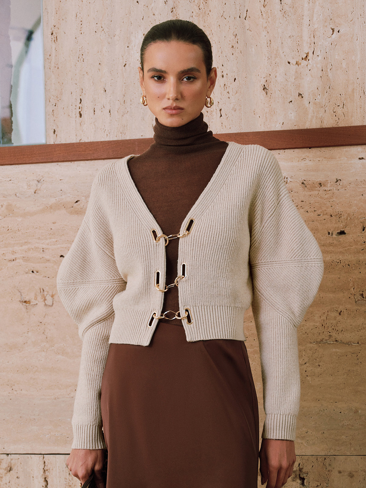 Puff Sleeve Chain Closure Knit Cardigan