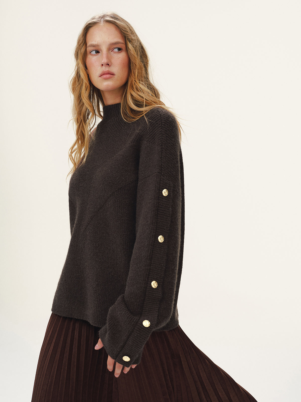 Button Detail Mock Neck Knit Sweater