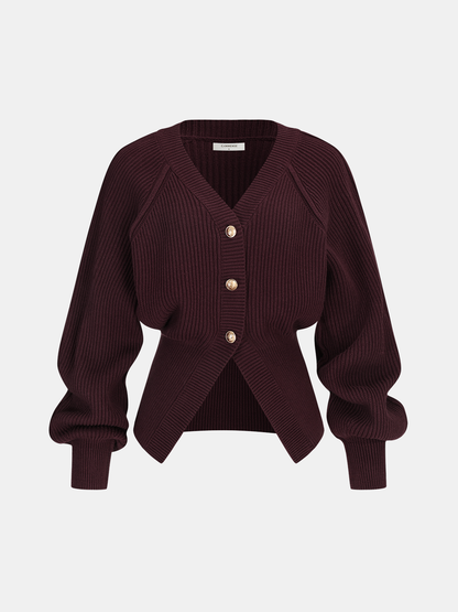 Metal Button Cinched Waist Knit Cardigan