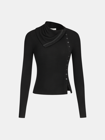 Side Button Asymmetric Lapel Ribbed Knit Top